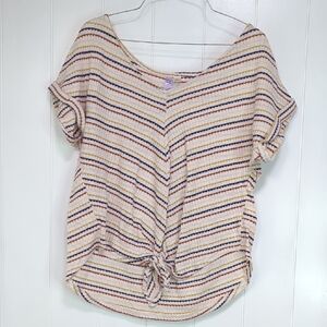 Alya Short Sleeve Knit Top in Cream with Blue, Brown, Yellow Stripes